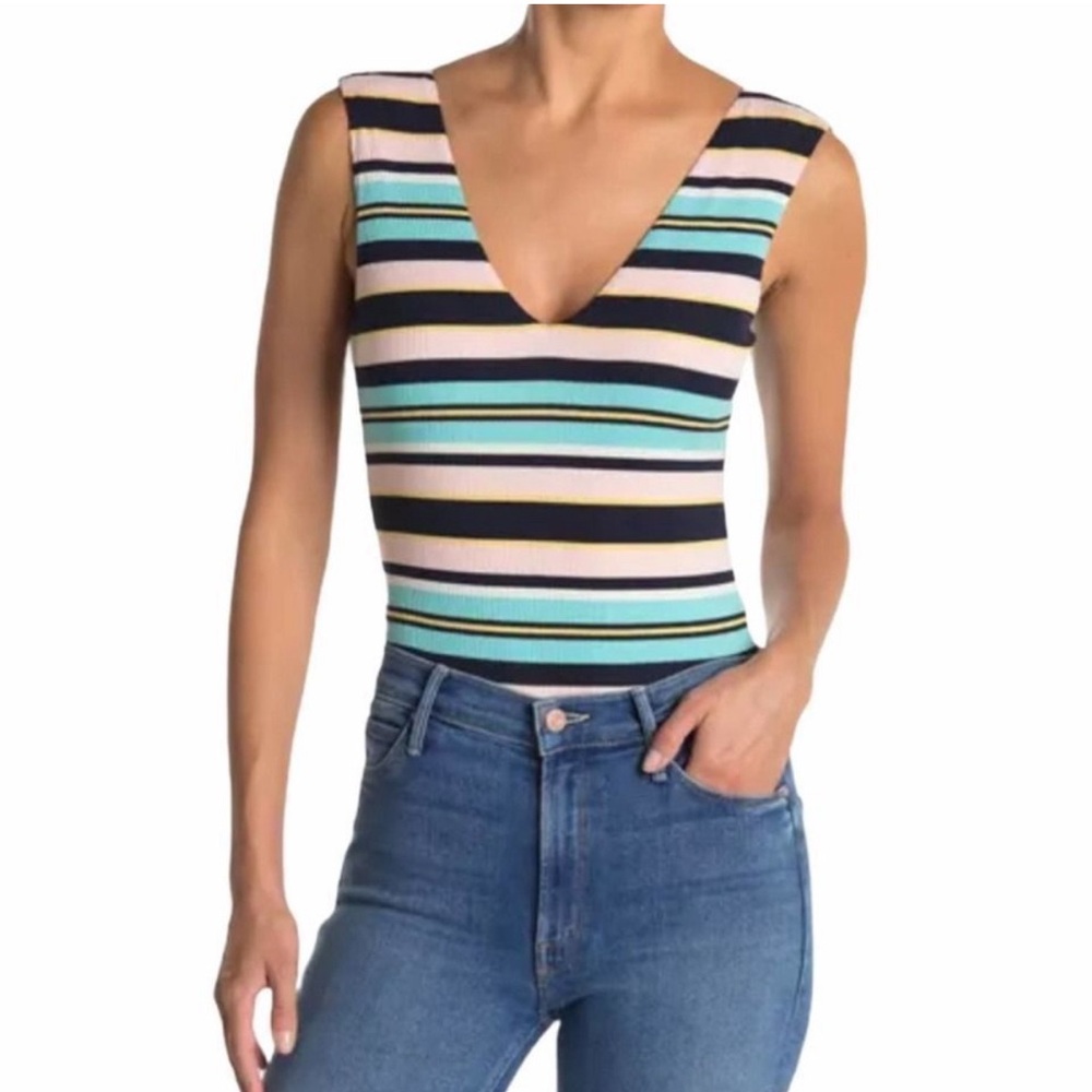 Afrm Mooni V-Neck Striped Sleeveless Bodysuit Womens Size Large